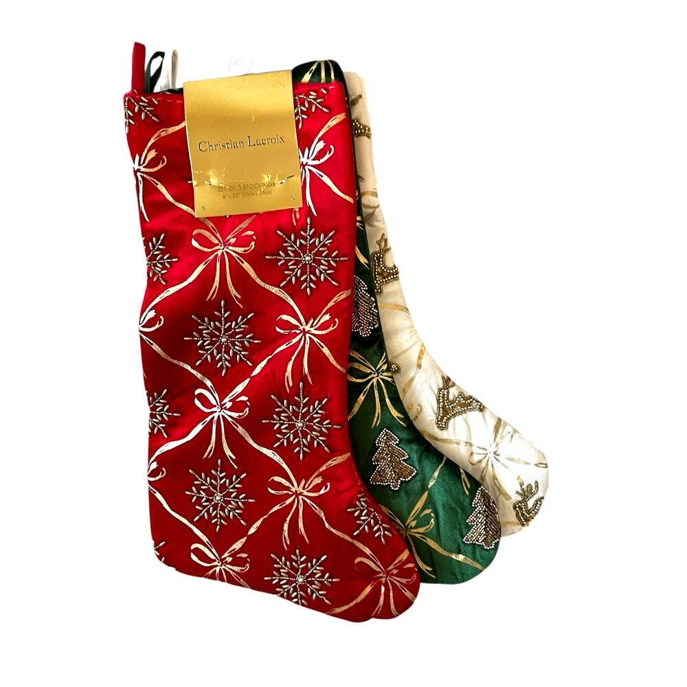 Set of 3 CHRISTIAN LACROIX Velvet Beaded Christmas Stockings 22" Red Green White